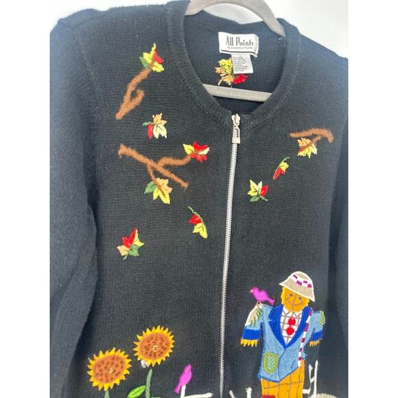 All Points Cardigan Zip Novelty Sweater Womens L Autumn Halloween Fall Pumpkin - Picture 2 of 10